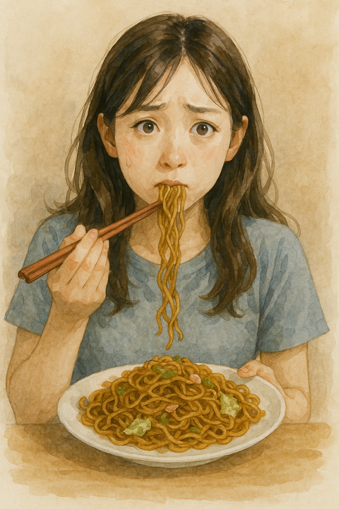焼きそばを食べながら罪悪感を感じる女性