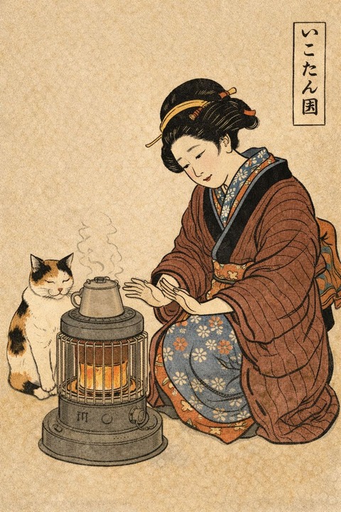 ストーブで温まる女性を猫