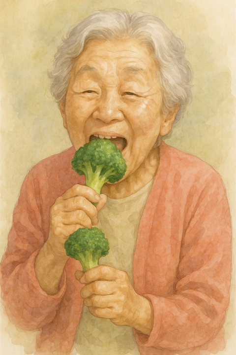 ブロッコリーを食べる元気な婆ちゃん