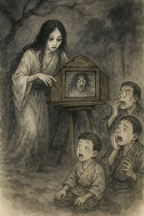 心霊系紙芝居をする幽霊のような女性