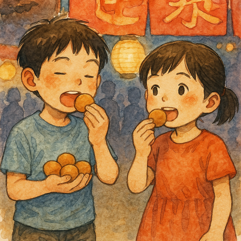 ベビーカステラを食べる子供