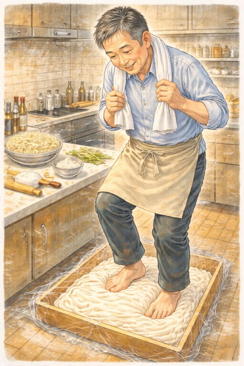 うどん作りを楽しむ中年男性