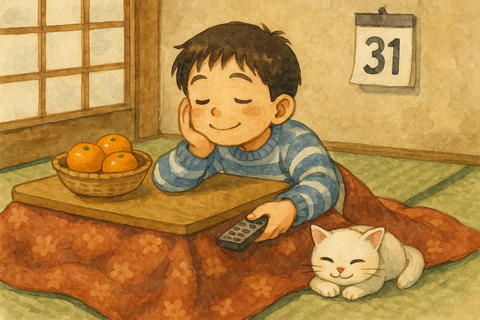 年末にこたつでゆっくりする小学生
