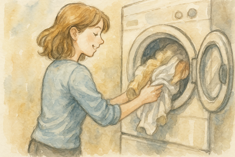 乾燥機で洗濯物を乾かす女性