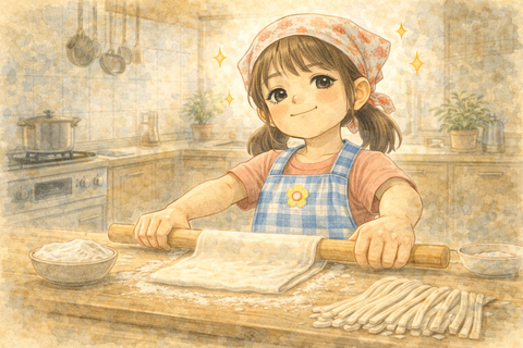 うどんを打つ小学生女子