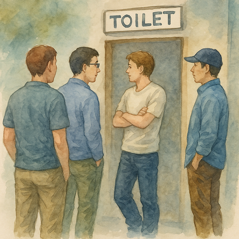 公衆トイレの前で順番を待つ男性