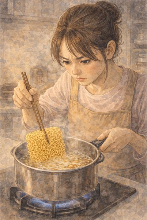 インスタントラーメンを鍋でゆでる女性