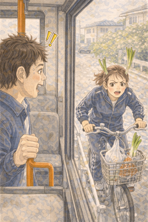 驚く男性と自転車を必死に漕ぐ妻