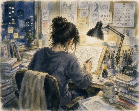 徹夜で漫画を描く女性漫画家