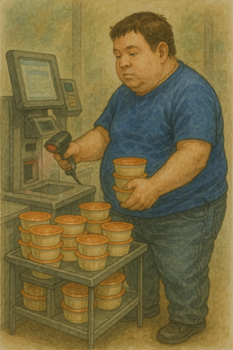 セルフレジでラーメンスープを会計する男性