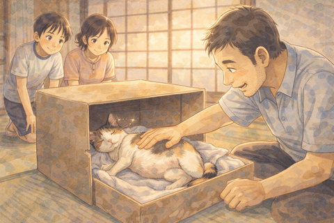 猫のお腹をなでる男性