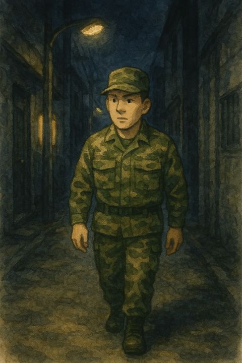 路地裏を歩いている迷彩服の男