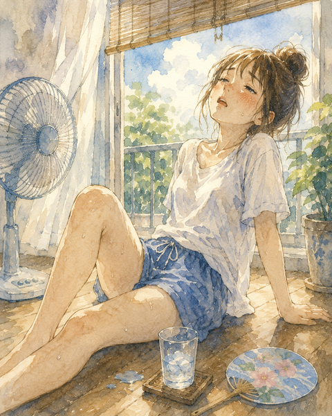 真夏日 汗をかいてダレる可愛い女性