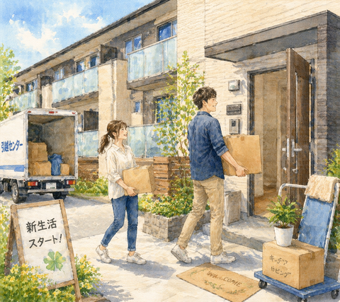 綺麗なアパートに引っ越しする男女