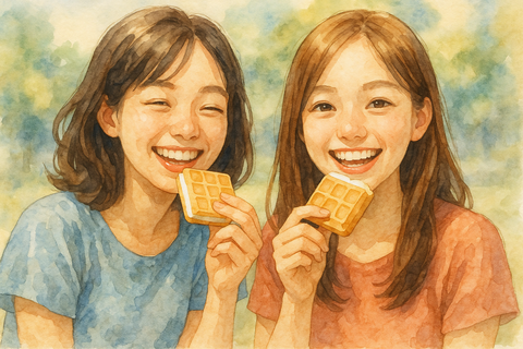 モナカアイスを食べる女性