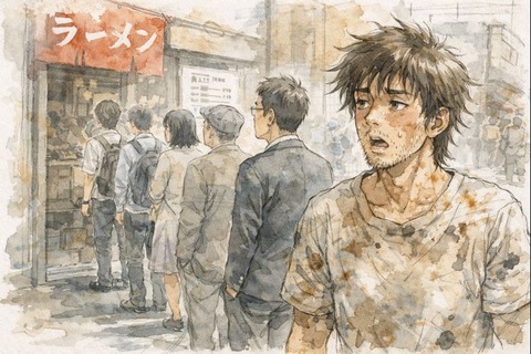 ラーメン屋の行列に並ぶ男性