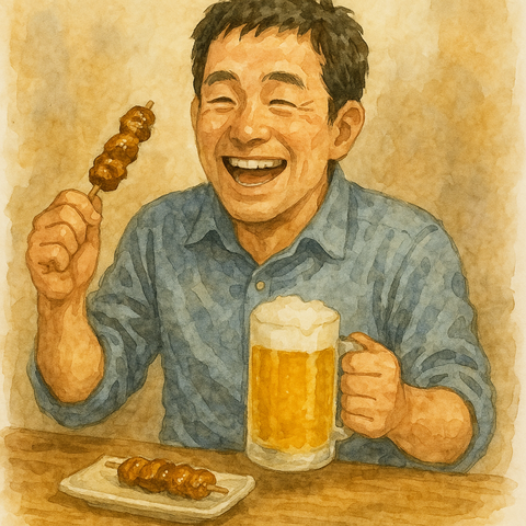 ビールと焼鳥笑顔の男性