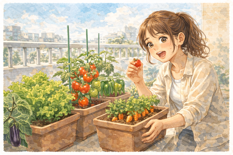 ベランダのプランターで野菜作りをする女性