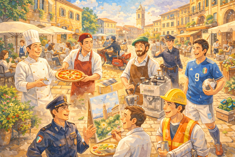 色々な職業のイタリア人と街並み