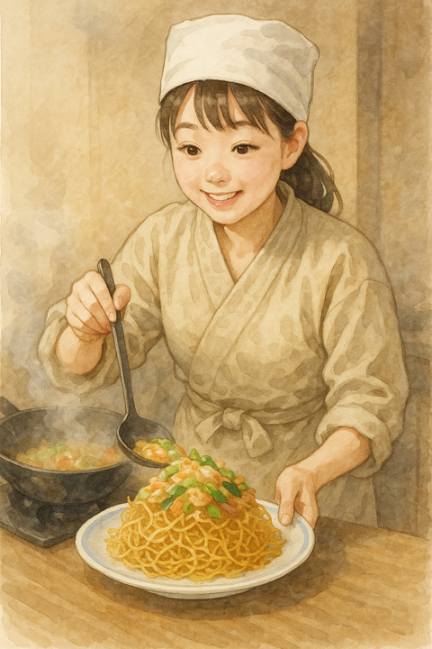 皿うどんを作る女性