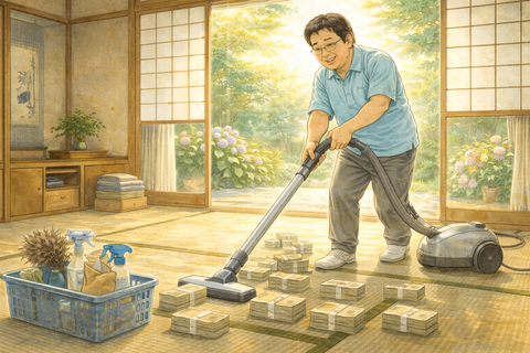 和室を掃除する金持ちおじさん