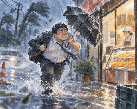 大雨の台風のなかコロッケを買いに行く男性