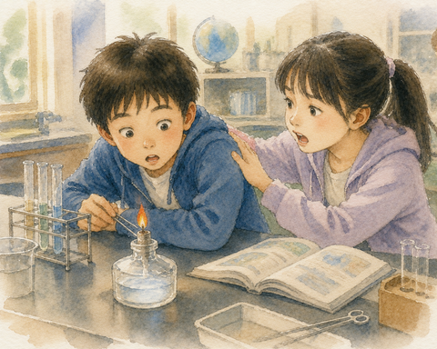 アルコールランプで実験する小学生男女