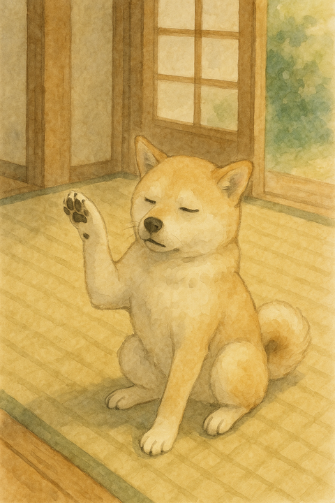 眠そうにお手をする犬