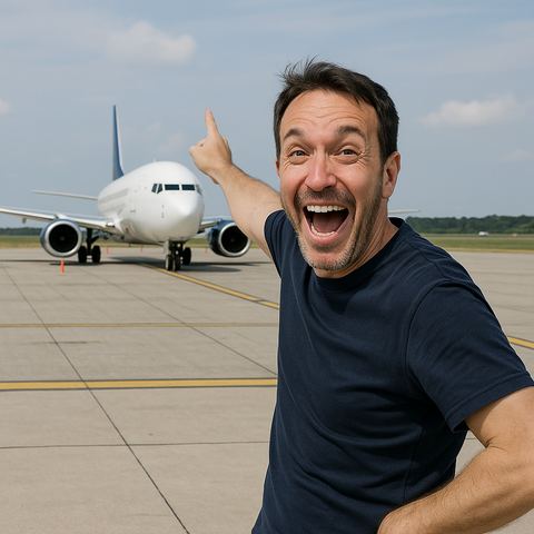 飛行機にはしゃぐ父親
