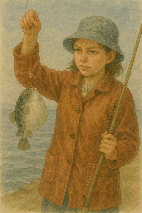 フグを釣り上げる女性