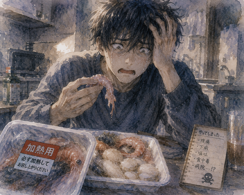 加熱用の海鮮を生で食っちゃって絶望男性