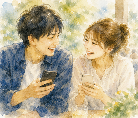 スマホでメッセージのやり取りする男女