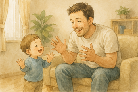 手ぶり身振りする息子と父親