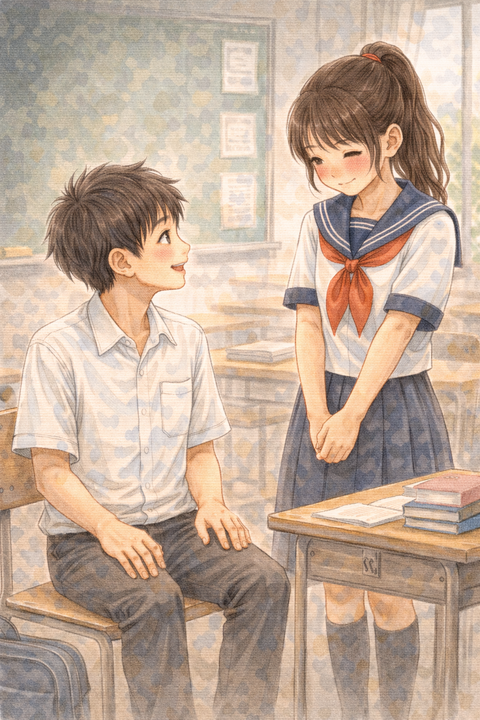 中学生男子と照れる女子