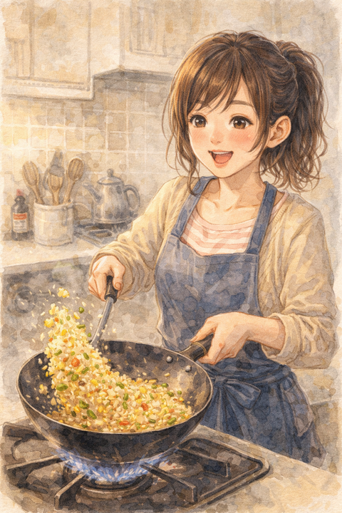 鉄フライパンでチャーハンを作る女性