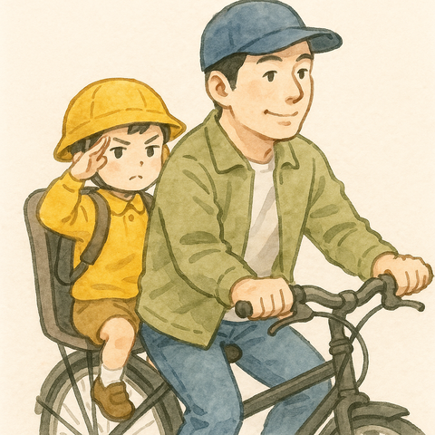 子供が敬礼する自転車の乗る親子