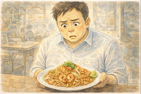 不思議そうにパッタイを見る中年男性