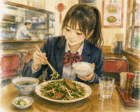 町中華レバニラ定食を食べる女子高生