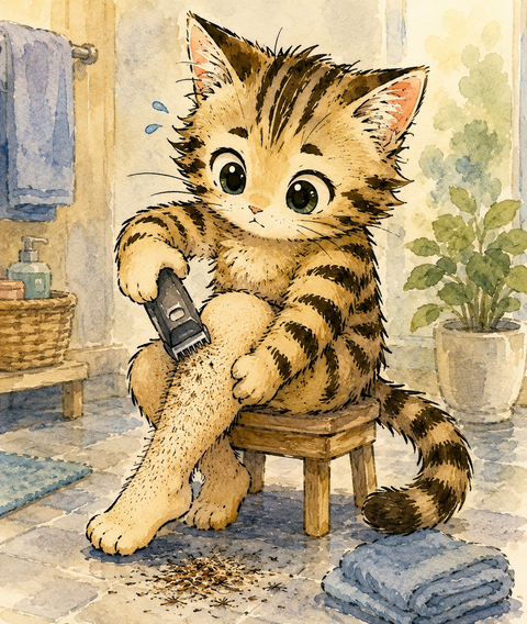 すね毛をカットするねこすけ
