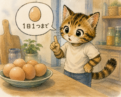 卵は1日1つまでと注意するねこすけ