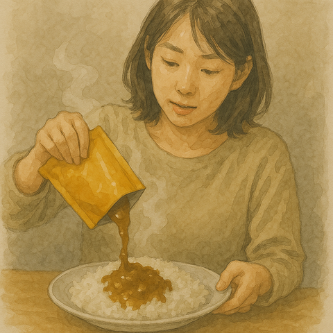 レトルトカレーをライスにかける女性