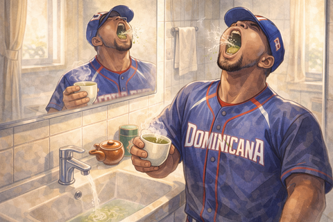 ドミニカ選手が緑茶でうがい