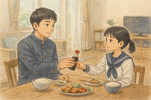 妹に醤油を渡す兄