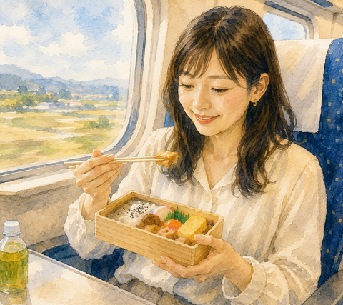 新幹線で駅弁を食べる女性