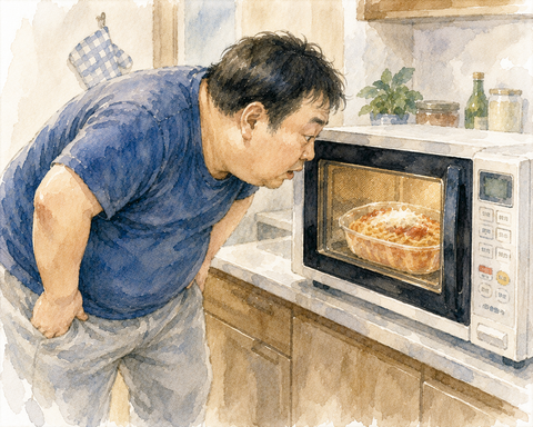 電子レンジでスパゲティづくり中年男性
