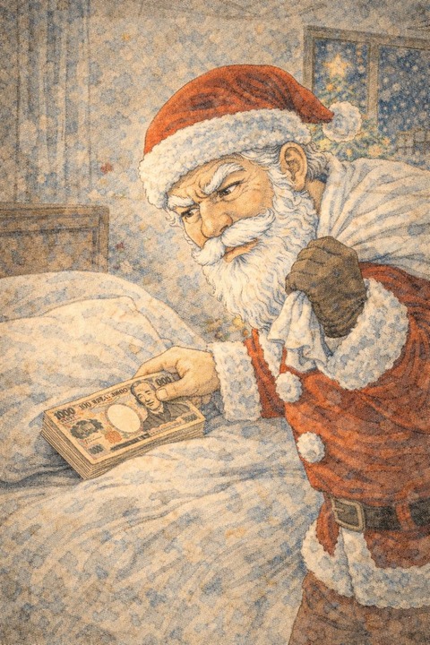 クリスマスプレゼントの現金を置くサンタ