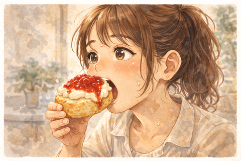 ジャムとクリームとスコーンを食べる女性