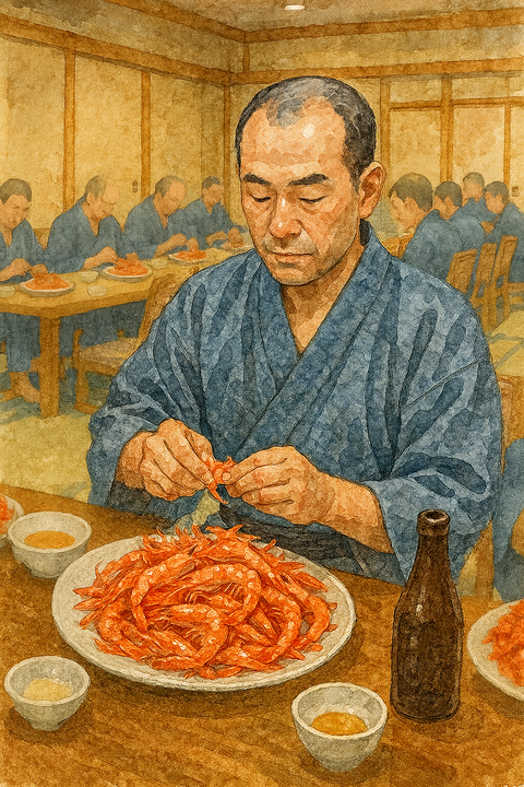 海老の殻を剥く男性