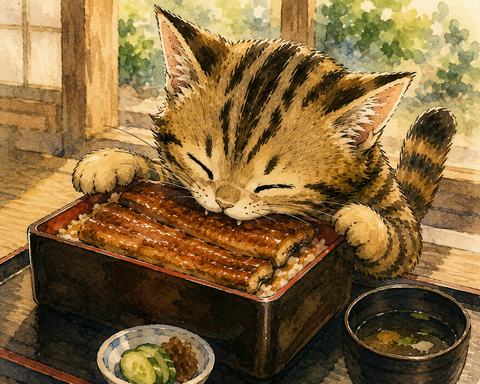 うな重を食べるねこすけ