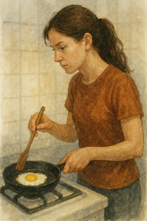 目玉焼きを焼く女性